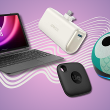 Lenovo tablet, Anker charger, Tile Mate, and Echo Dot Kids with purple background