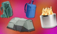 a collage of outdoor items sit on a pink and orange background. They include a green REI hiking backpack, a north face tent, a blue hydro flask cooler backpack, and a solo stove.