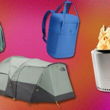 a collage of outdoor items sit on a pink and orange background. They include a green REI hiking backpack, a north face tent, a blue hydro flask cooler backpack, and a solo stove.