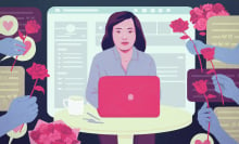 woman sitting on laptop with heart bubbles and roses around her