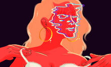 An illustrated woman appears with a static-like effect over her image.