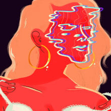 An illustrated woman appears with a static-like effect over her image.