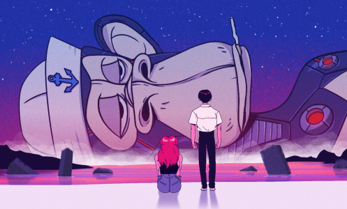 A person standing and another sitting on the ground look at a Bored Ape NFT, resembling a retro crashed spaceship, against a starry night sky with pink-hued ground and rocks.