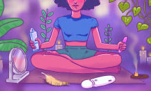 Illustration of a Black woman sitting with crossed legs, surrounded by sex toys, incense, a mirror. 