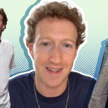 Three photos of Zuckerberg: one of him in a white tee, one of him in a blue tee and chain, and one of him in a shearling jacket.