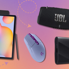 Samsung Galaxy Tab S6 Lite, Samsung T9 SSD, Logitech G305 mouse, and JBL Xtreme 3 speaker with colorful background with arrows