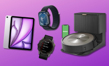 iPad, Apple Watch, Garmin watch, and Roomba with purple background