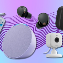 Anker power bank, Echo Pop speaker, Sony earbuds, and Blink cameras with blue and purple background