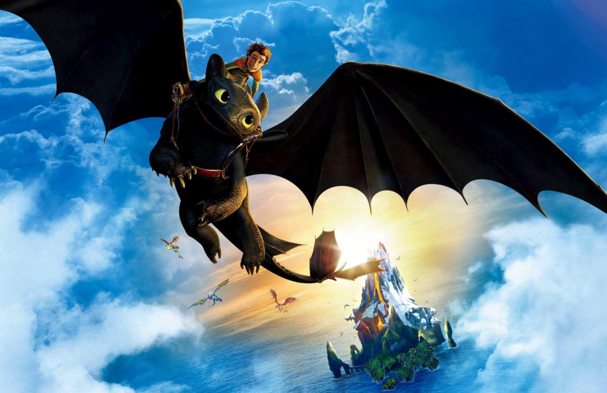 A boy rides a dragon through the sky, land in the distance.