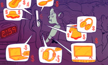 illustrated woman bombarded by deals on phone