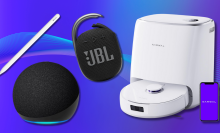 Apple Pencil, JBL Clip 4, Echo Dot, and Narwal robot vacuum with blue gradient background