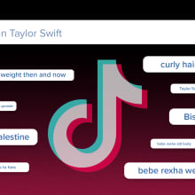 The TikTok logo surrounded by various search bar queries like "Bisan Taylor Swift" and "Curly Hair Routine". 