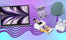 MacBook Air, Samsung Galaxy Buds, Kodak printer, Echo Pop speaker, and AirPods Pro with blue and purple background