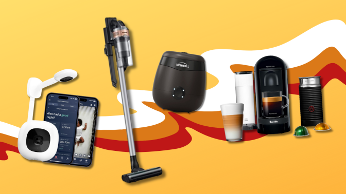 Nanit baby monitor, Samsung vacuum, Thermacell mosquito repellant, and Nespresso VertuoPlus with yellow striped background
