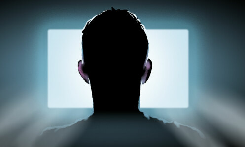 Seen from behind, an illustrated man looks at a glowing computer screen.