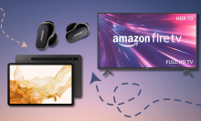 Samsung Galaxy Tab S8, Bose QuietComfort Earbuds, and Amazon Fire TV with purple gradient background