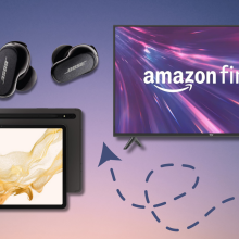 Samsung Galaxy Tab S8, Bose QuietComfort Earbuds, and Amazon Fire TV with purple gradient background