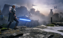 Screen grab from gameplay of "Star Wars Jedi: Fallen Order" video game featuring main character holding lightsaber looking at scenic view