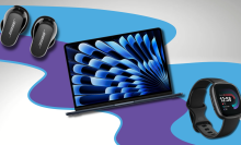 Bose earbuds, MacBook Air, and Fitbit Versa 4 with blue and purple squiggle background