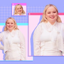 Nicola Coughlan in white on a purple background.