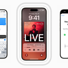 Three iPhones display three different accessibility features, including hover typing, music haptics, and new voice shortcuts.
