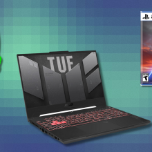 Headset, laptop, and video game on blue and purple pixelated background