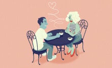 illustrated man and woman sitting at a table drinking coffee