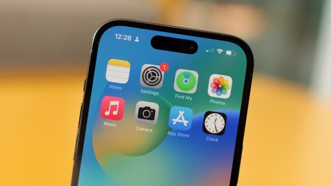 close-up shot of the iPhone 14 Pro's display with the Dynamic Island replacement for the notch