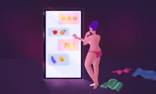 illustrated woman standing in front of a large phone with NSFW emojis on it and clothes strewn on the floor