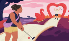 illustrated middle-aged singles on a date playing mini golf