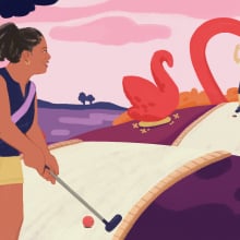 illustrated middle-aged singles on a date playing mini golf