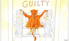 A diminutive Donald Trump on the Lincoln Memorial with a sign saying 'guilty'.