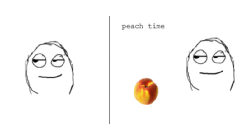 A Rage Comic face looking smug with a peach saying "peach time"