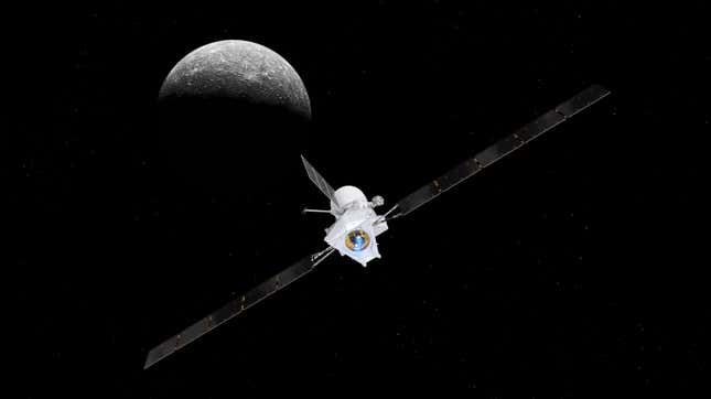 Artist’s impression of the BepiColombo spacecraft with a view of Mercury in the background. 