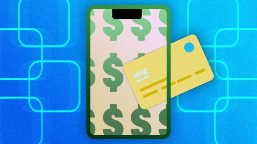 illustration of phone with dollar signs on it and a credit card going into it
