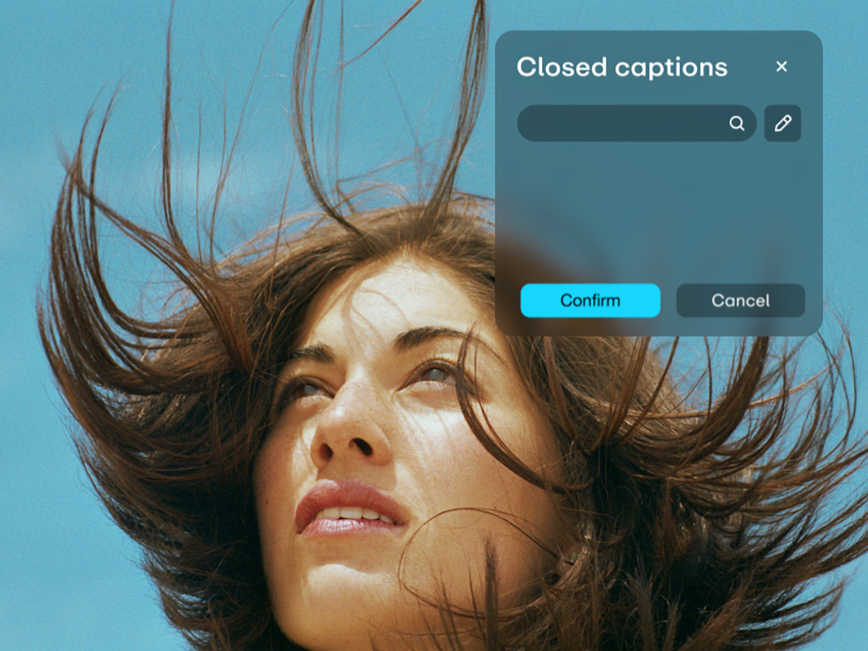 Option to add closed captions overlaying a shot of a woman with windswept hair