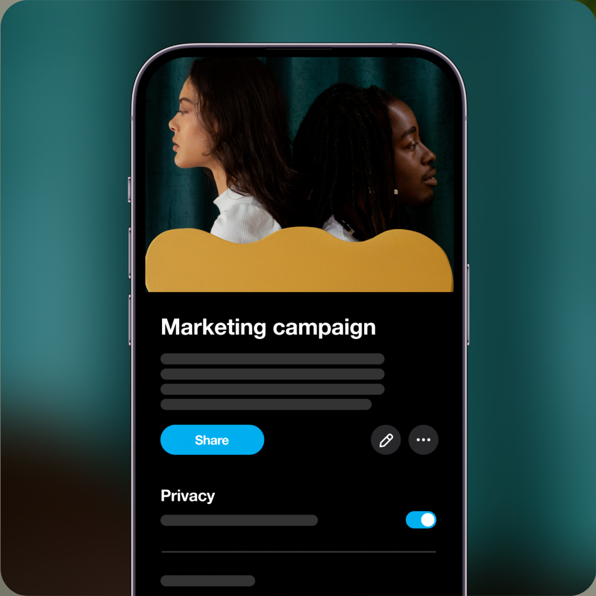 Mobile phone screen showing an image of two people back to back with the words Marketing Campaign underneath