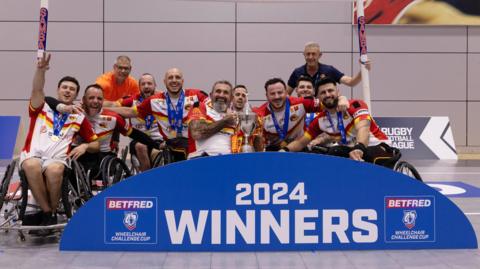 Catalans Dragons celebrate winning the 2024 Wheelchair Challenge Cup final