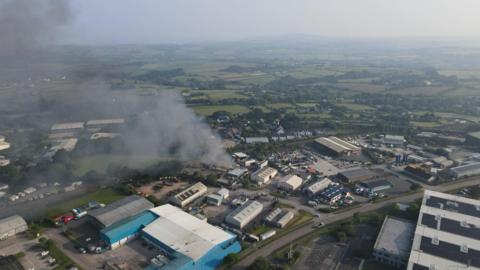An aerial photo of the fire on the industrial estate