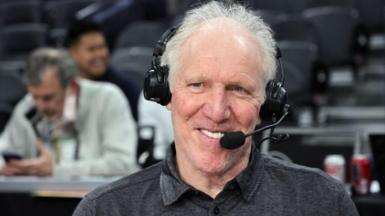 Sportscaster and former NBA player Bill Walton broadcasts a game between the UCLA Bruins and the Washington State Cougars during the Pac-12 Conference basketball tournament quarterfinals at T-Mobile Arena on March 10, 2022 in Las Vegas, Nevada.
