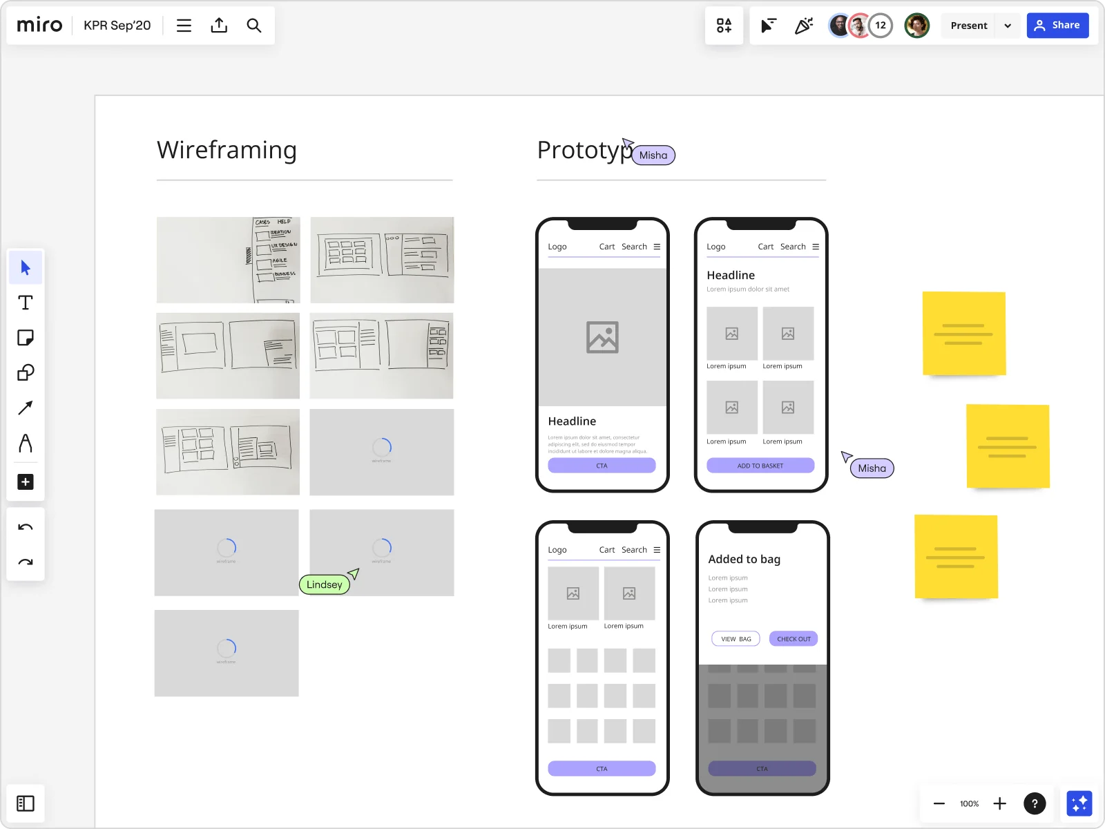 Image of a wireframe design in Miro