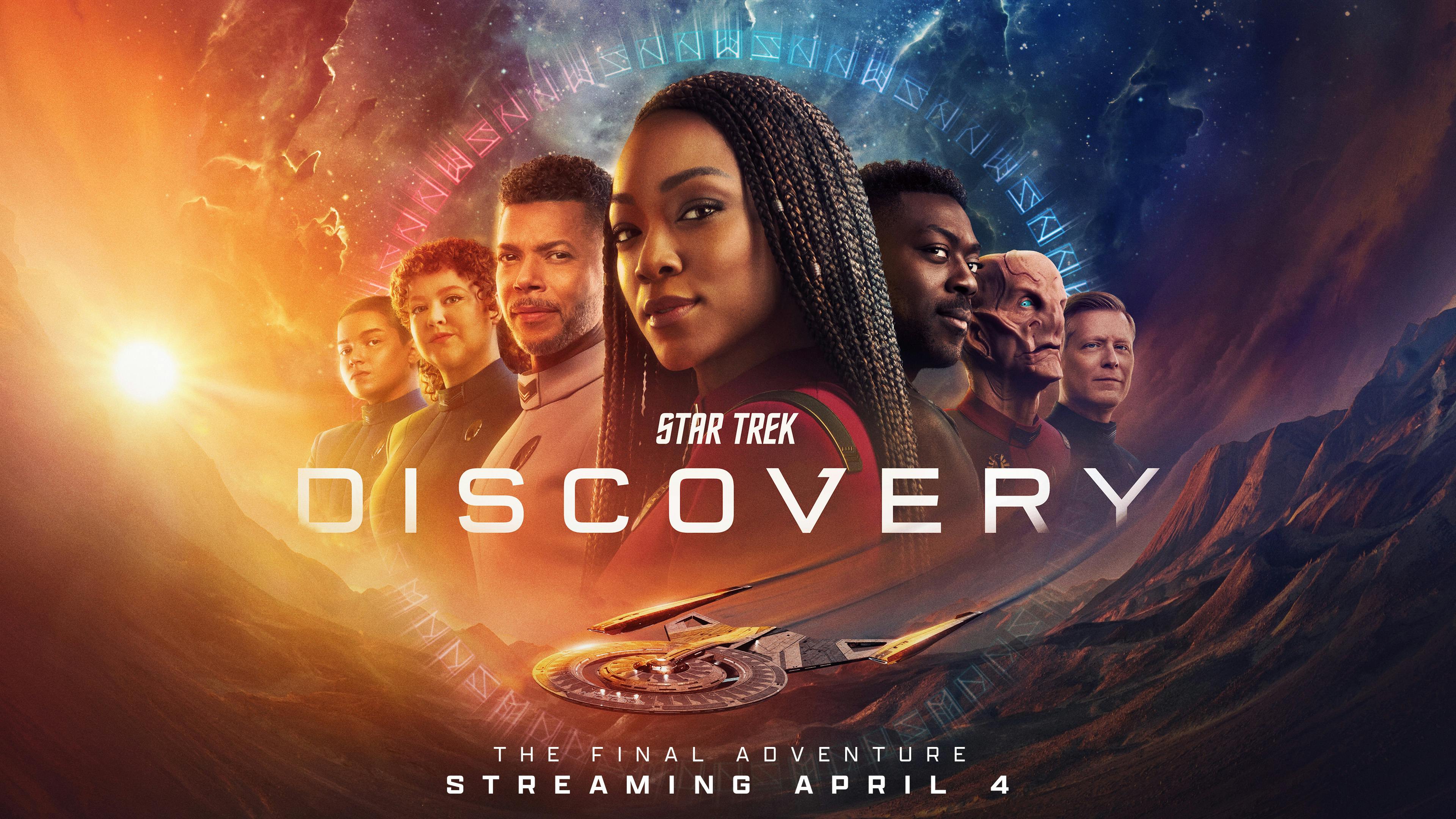 Star Trek: Discovery Season 5 key art featuring Burnham, Adira, Tilly, Culber, Book, Saru, and Stamets