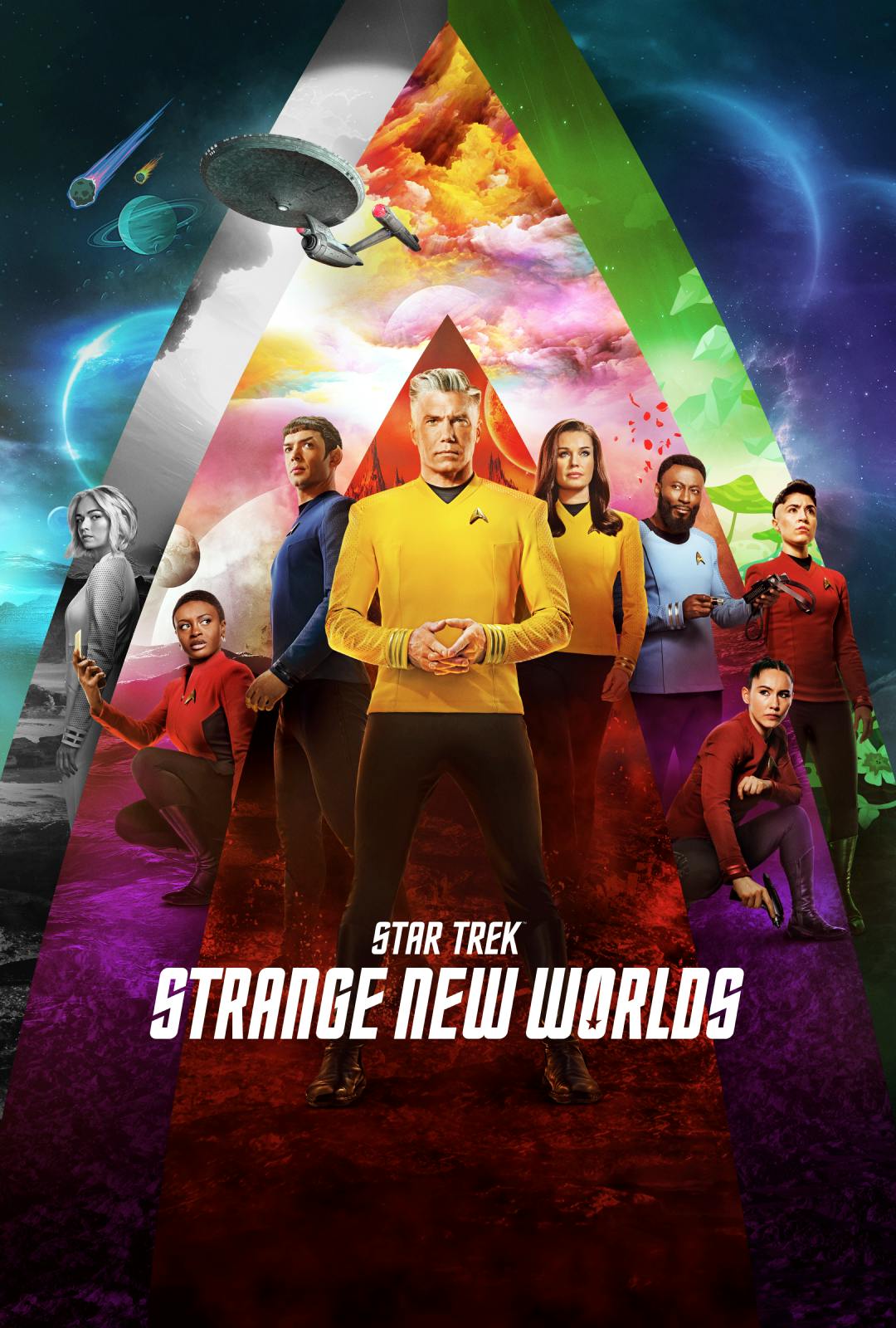 Key art for Star Trek: Strange New Worlds Season 2 showing Captain Christopher Pike, the crew and the U.S.S. Enterprise arranged in a multi-color triangular shape