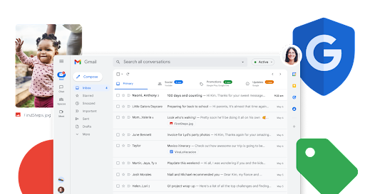 အလျားလိုက်စီထားသည့် အကြီးချဲ့ထားသော လုပ်ဆောင်ချက်သင်္ကေတများနှင့် Gmail ဝင်စာ ဖန်သားပြင်