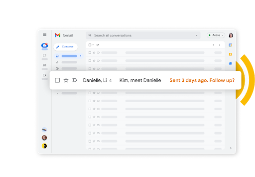 Вікно вхідних повідомлень Gmail із помаранчевим нагадуванням про забутий лист