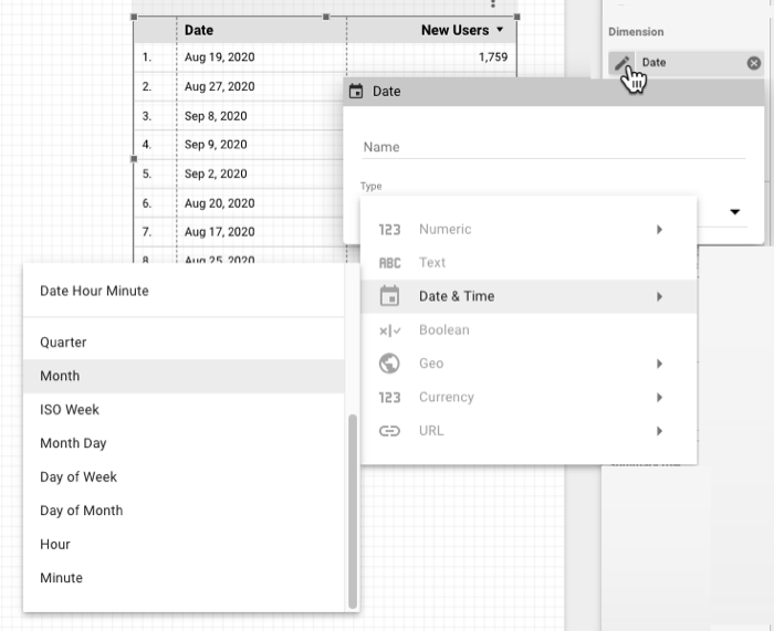 A user selects a Date dimension field type icon on a table chart Setup tab to display the available Date & Time timeframe options for the Date dimension.