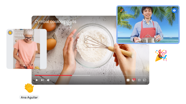 Google Meet のビデオ通話に、料理手順の動画と 2 人のリモート参加者が表示されている。