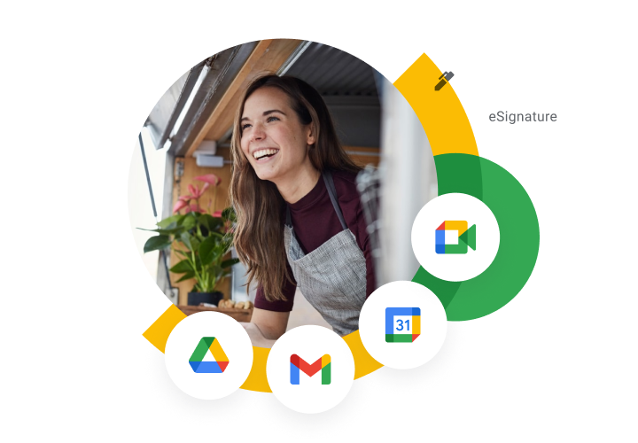 Grafisk illustration av produktikoner för Google Drive, Gmail, Google Kalender, Google Meet och e-signatur runt en leende kvinna. 