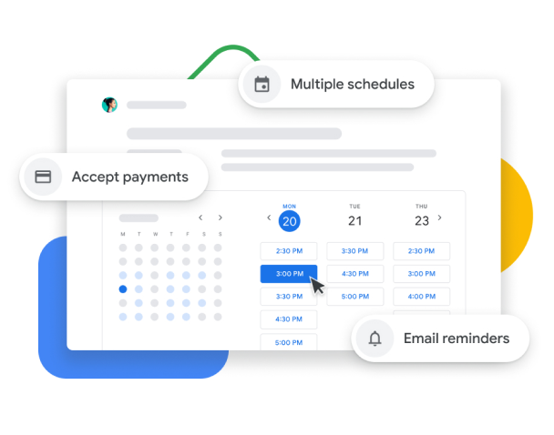 Google 日曆和預約時間表的圖像，顯示使用者可以接受付款、與客戶確認預約時段及傳送電子郵件提醒。