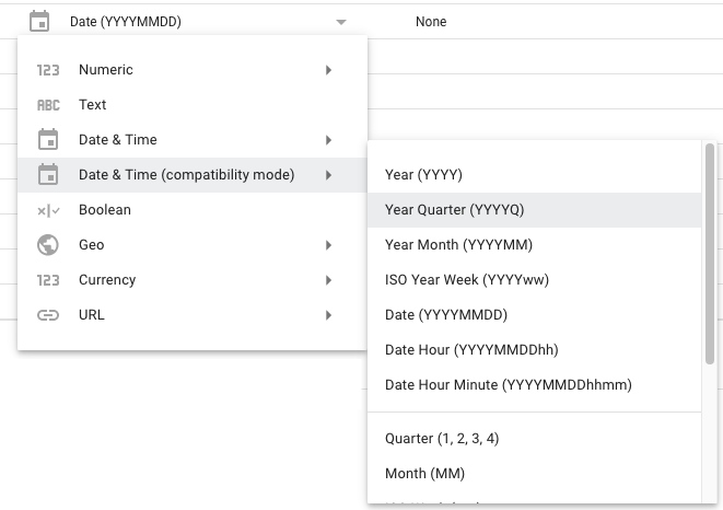 Options for the compatibility mode Date & Time Type option on the Edit Connection panel include timeframes such as Year (YYYY), Year Quarter (YYYYQ), and Year Month (YYYYM), among others.